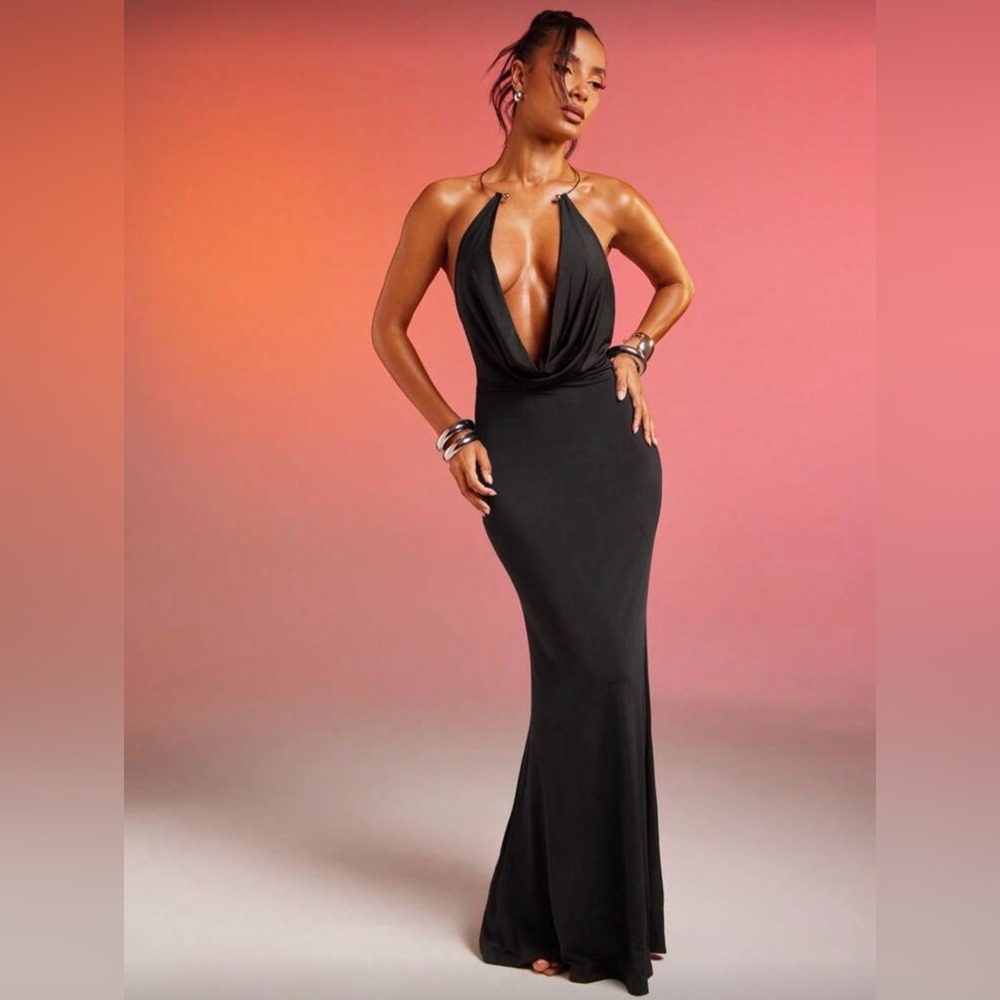 Low Cowl Neck Backless Dress in Black